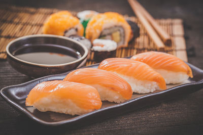 Close-up of seafood in plate on table