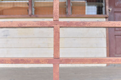 Close-up of metal fence against building