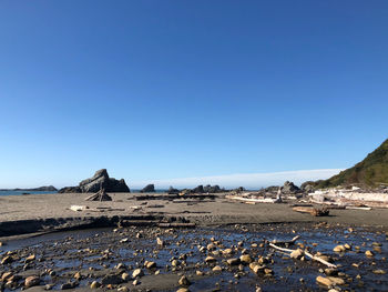 Surface level of sandy beach against clear blue sky