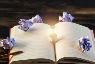 Crumpled papers and illuminated light bulb on notebook