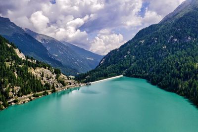 Artificial alpine lake in val martello, italy