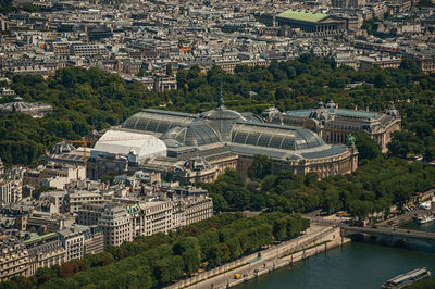 Grand and petit palais seen from the eiffel tower top in paris. the famous capital of france.