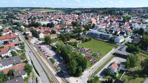 High angle view of houses in town