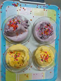 High angle view of dessert on table