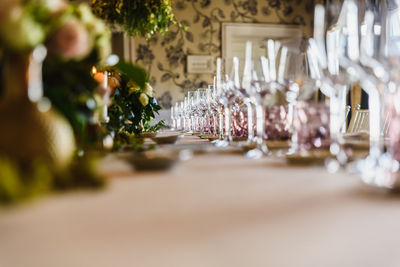 View of wine glasses on table at restaurant