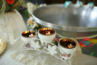 Close-up of illuminated candles in temple