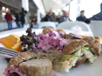 Close-up of food served on table