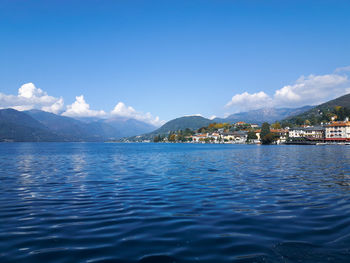 Scenic view of sea against blue sky