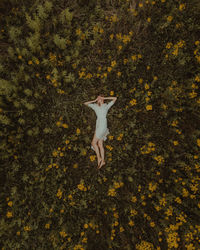 Low section of person with dog on autumn leaves