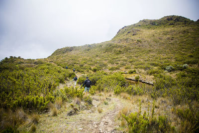 Scenic view of people hiking through mountains against sky