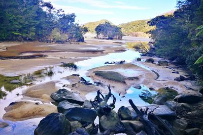 Scenic view of rocks by river against sky