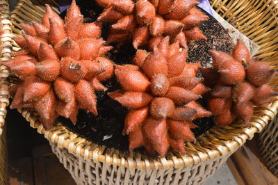 High angle view of vegetables in basket for sale