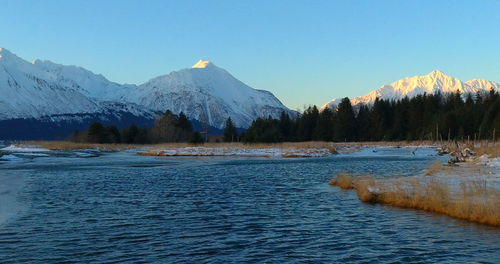 Scenic view of snowcapped mountains against clear sky