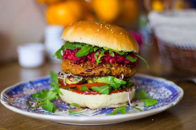 Close-up of burger served in plate