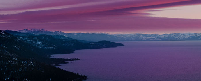 Scenic view of lake against mountains during sunset