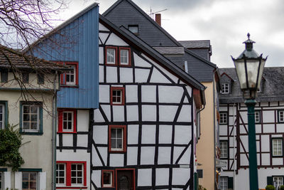 Half-timbered houses and street lamp in bad muenstereifel, germany