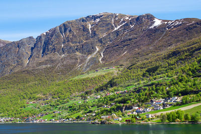 Scenic view of lake and mountains against sky