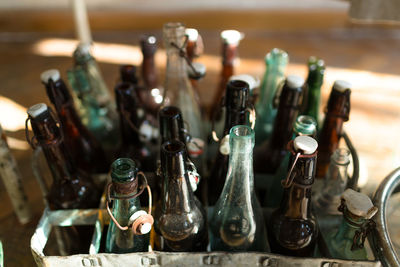 High angle view of bottles on table