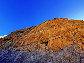 Low angle view of rock formations against clear blue sky