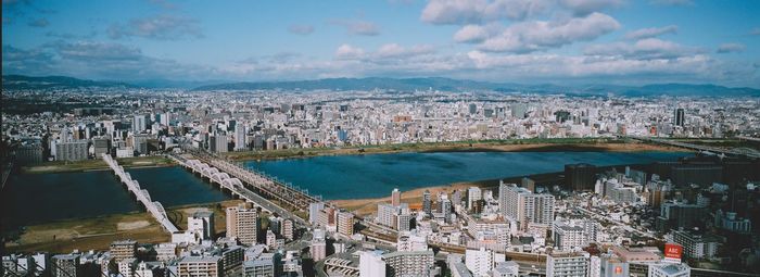 High angle view of city at waterfront
