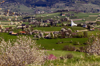 Aerial view of landscape and buildings