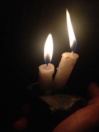 Close-up of lit candle in dark room