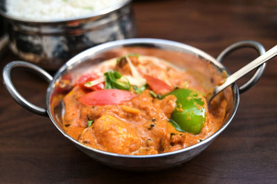 Close-up of soup in bowl on table