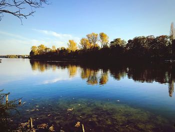 Scenic view of lake against sky at sunset