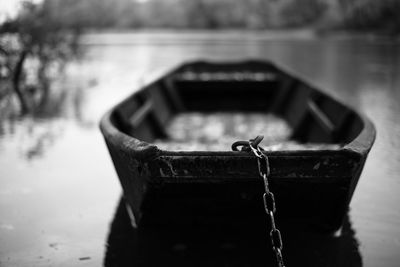 Close-up of boat moored in lake