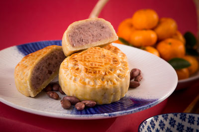 Close-up of bread in plate on table