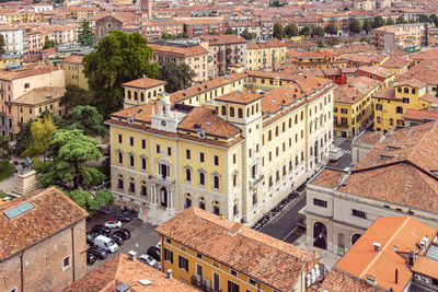 High angle view of buildings in city