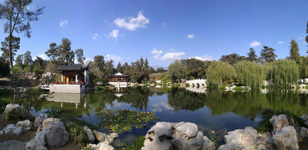 Scenic view of lake by trees and buildings against sky