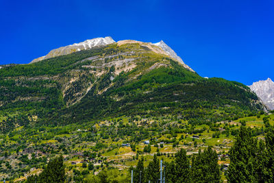 Scenic view of mountains against clear blue sky