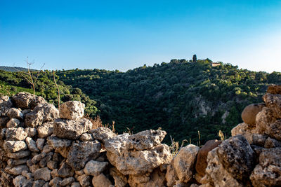 Rocks on land against clear sky