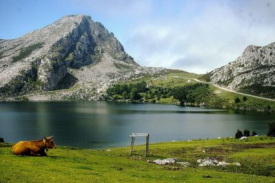 View of a lake with mountain range in the background