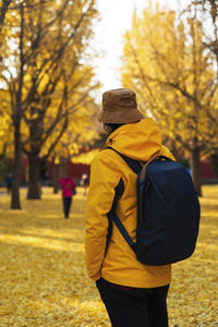 Rear view of people walking on yellow autumn leaves