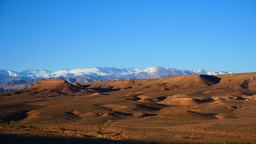 Scenic view of desert against clear blue sky