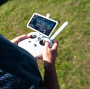 Midsection of man using mobile phone in grass