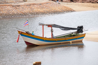 High angle view of boats moored in lake