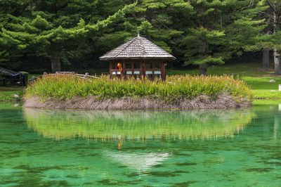 House by lake against trees and plants