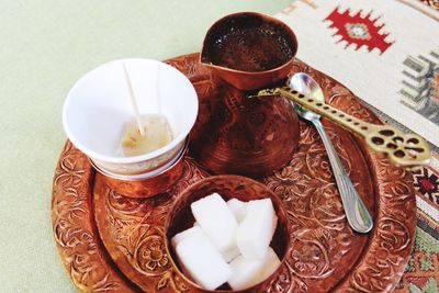 High angle view of breakfast on table