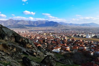 High angle view of cityscape against sky