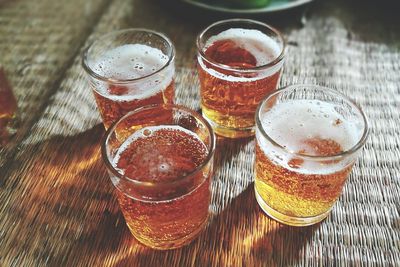 High angle view of beer on table