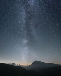 Vertical shot of starry sky and milky way above sharp mountains, dolomites, italy