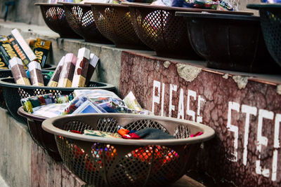 Close-up of various displayed for sale in market