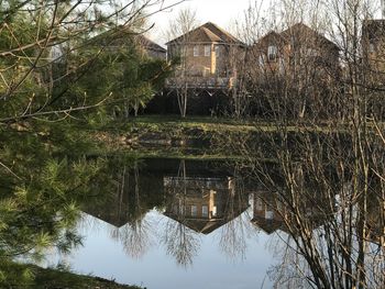 Reflection of trees and buildings in lake