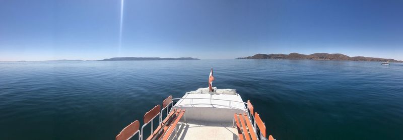 Panoramic view of sea against clear blue sky