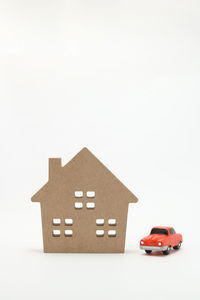 Close-up of toy car against white background