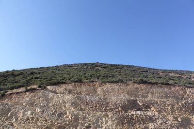 Low angle view of mountain against clear blue sky