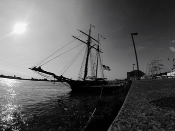 Sailboats moored on harbor against sky